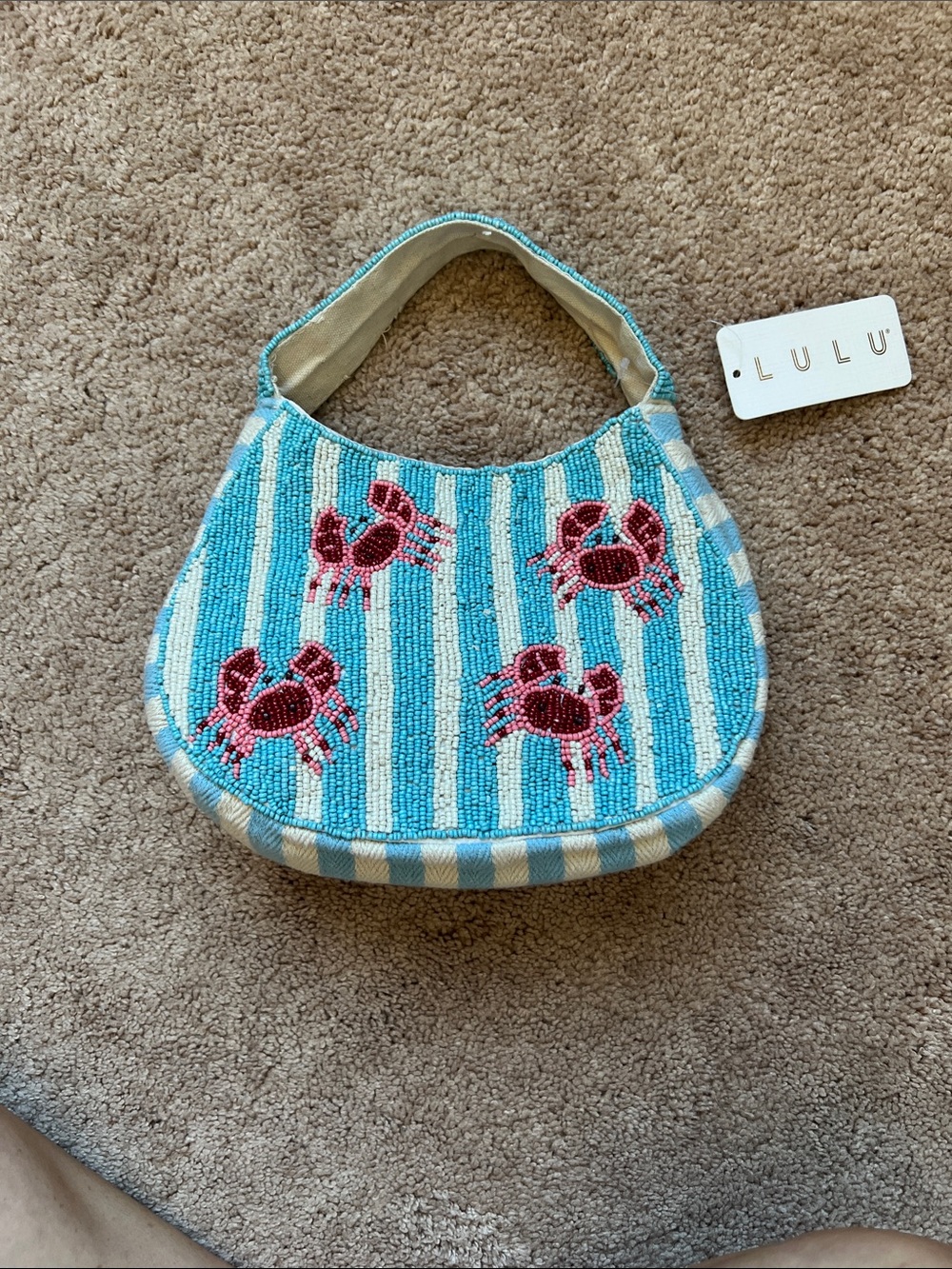 NWT Lulu Hand Beaded Blue & White Striped with Crabs Mini Bag